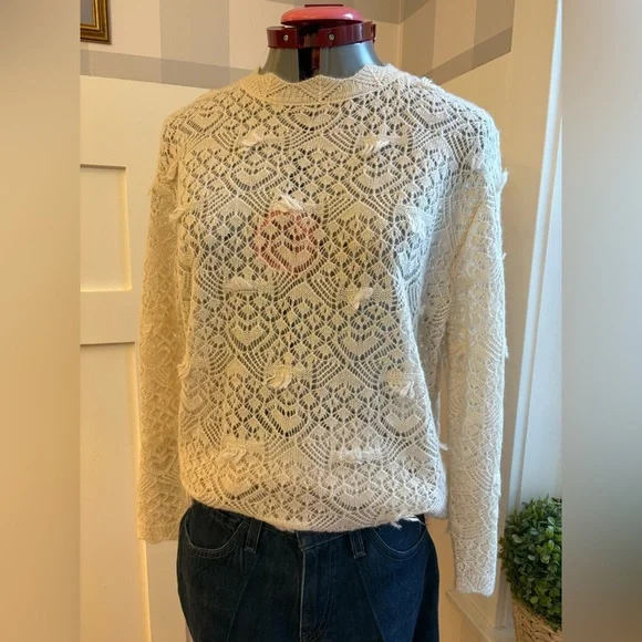 Zara Cream Lace Knit Top Size Small - Picture 8 of 9
